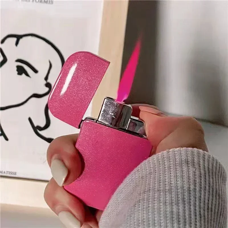 Ultra Thin Metal Windproof Inflatable Lighter Sprays Pink Flame Butane Portable High Firepower Lighter for Women Smoking Gift