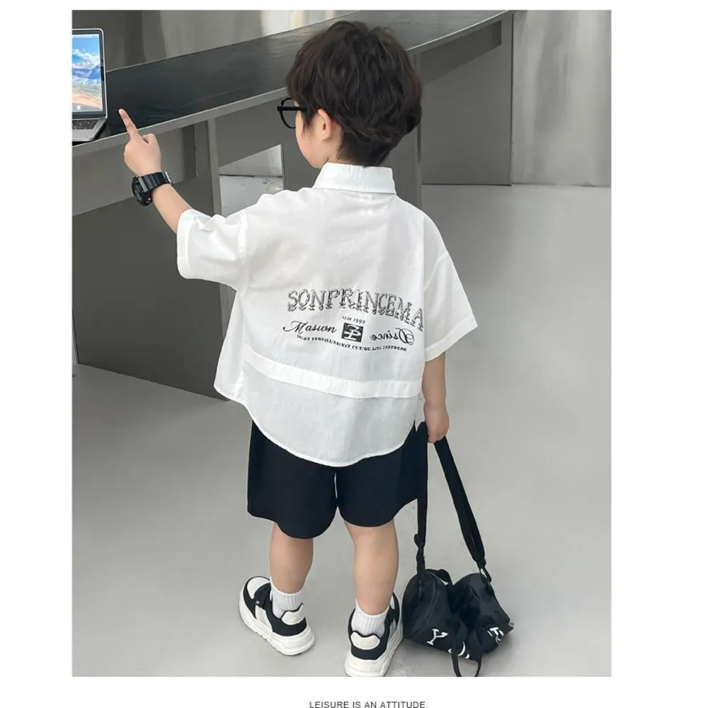 Boys' Sets Short Sleeved Button Shirt Shorts Two-piece Summer Suits 2024 New Children's Clothing Korean Tie College Style Suits