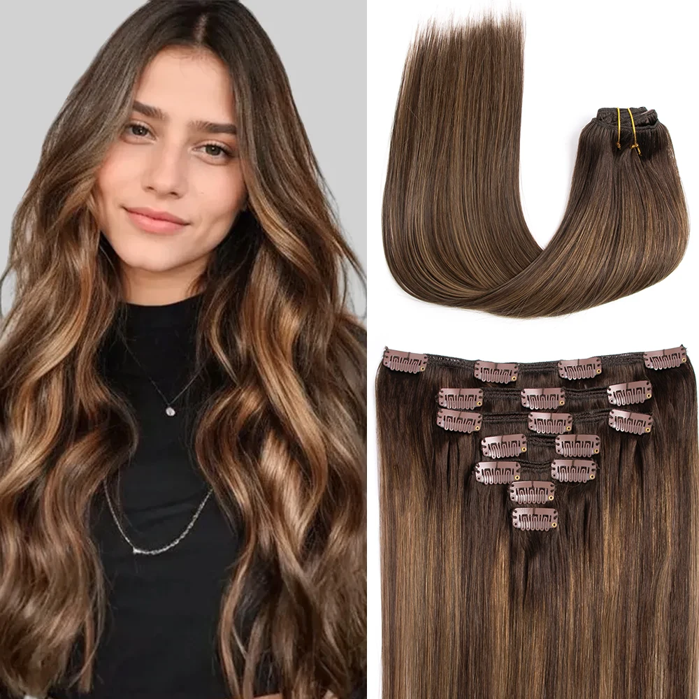T4/4/27 クリップイン人毛本物の自然なヘアエクステンションキューティクルレミー品質シルク&ソフトティックタック120G 613ブロンドブラウンブラック