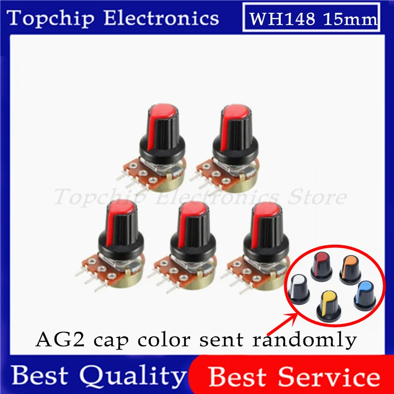 

5 компл. WH148 1K 10K 20K 50K 100K 500K 1M 20 мм 3-контактный линейный конический поворотный потенциометр резистор для Arduino с крышкой AG2