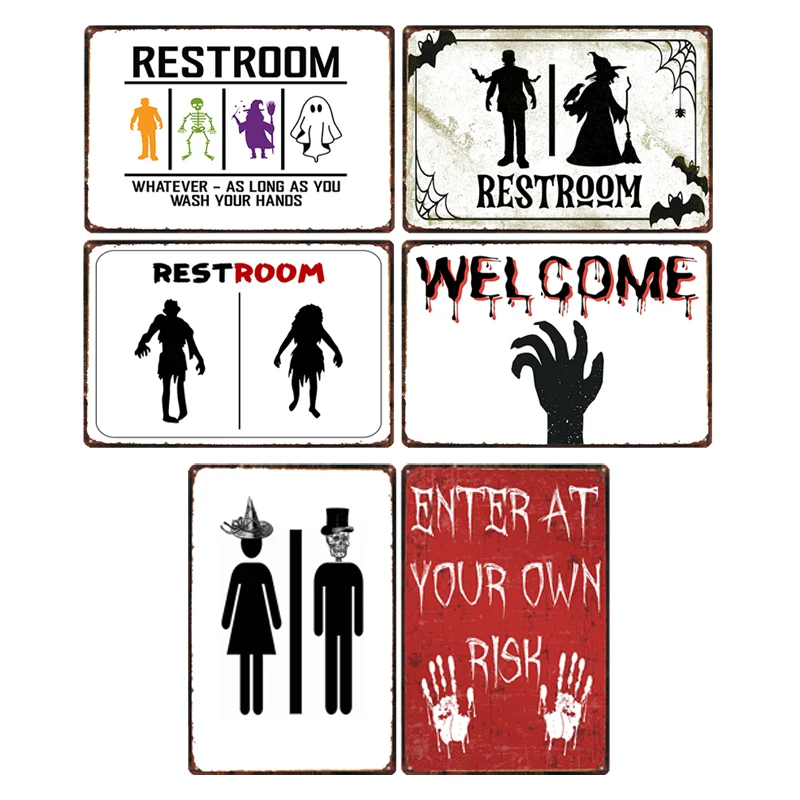 【YZFQ】علامة مرحاض مضحكة للهالوين لوحة معدنية قديمة ملحقات مرحاض شريط حائط ريفي ديكور منزلي 12 × 8 بوصة HF-60 #1