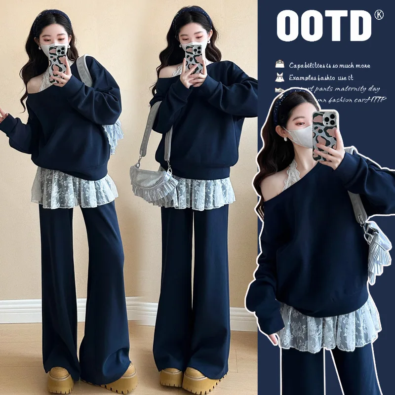 

2025 Elegant Pregnancy Outfit Autumn Long Sleeve Hoodie with Lace Detail Top Maternity Two Piece Set Clinic Ready Comfortable
