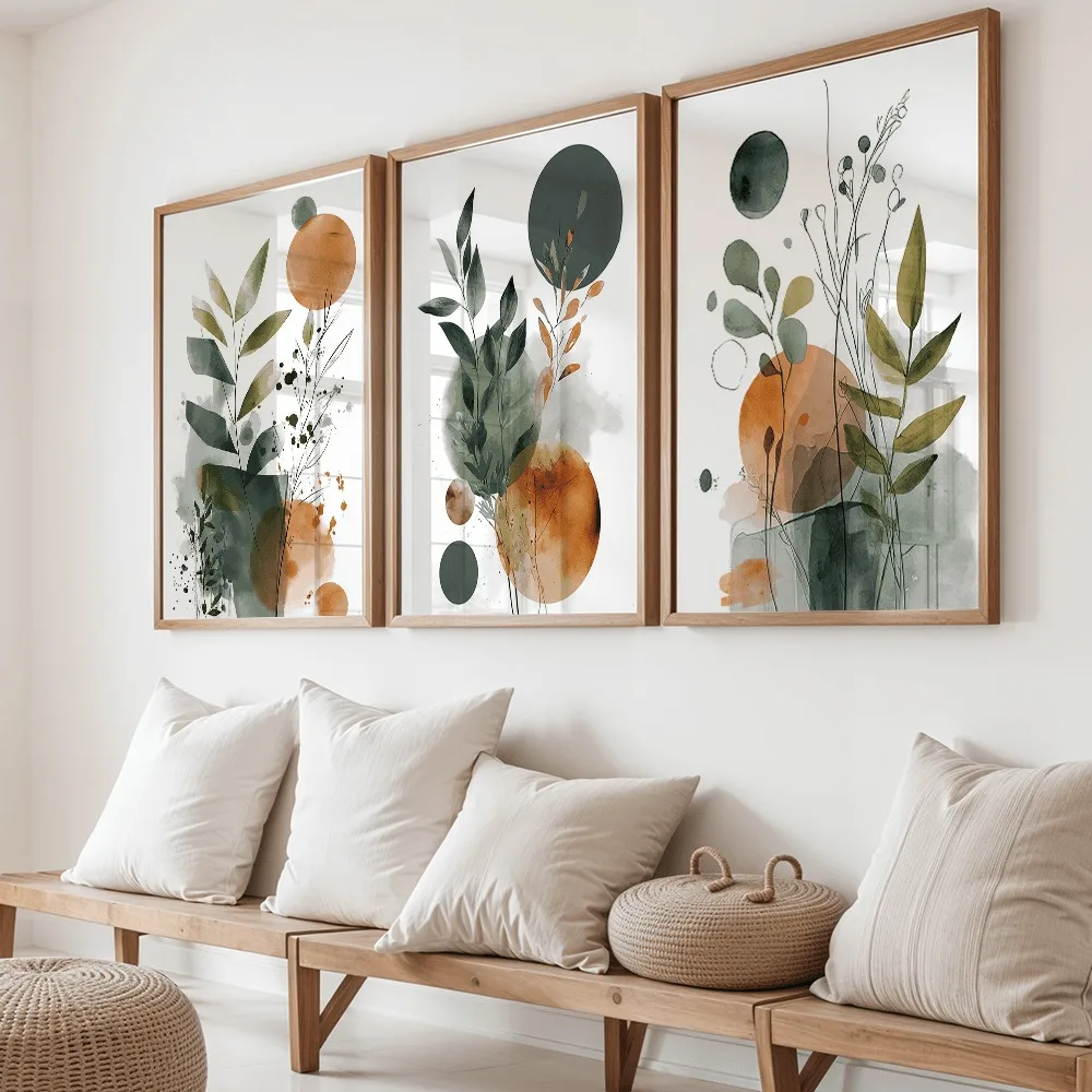 3-teiliger Rahmenloser Nordischer Pflanzen-Linienkunstdruck, Orange und Salbeigrüne Blumen-Leinwandmalerei, Einzigartige Kreative Wandkunst-Dekoration