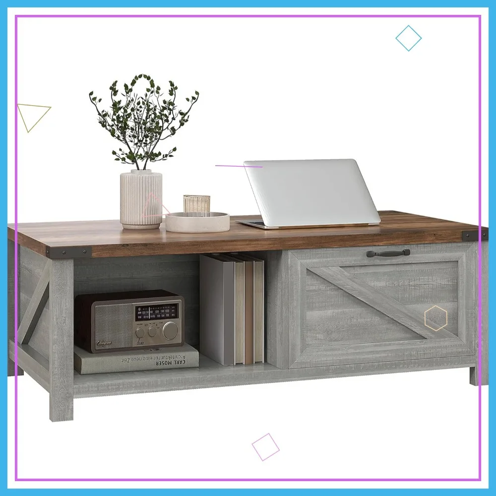 

Кофейный столик в стиле фермерского дома с выдвижным ящиком для хранения и открытой полкой, мебель для гостиной в деревенском стиле, состаренный серый цвет