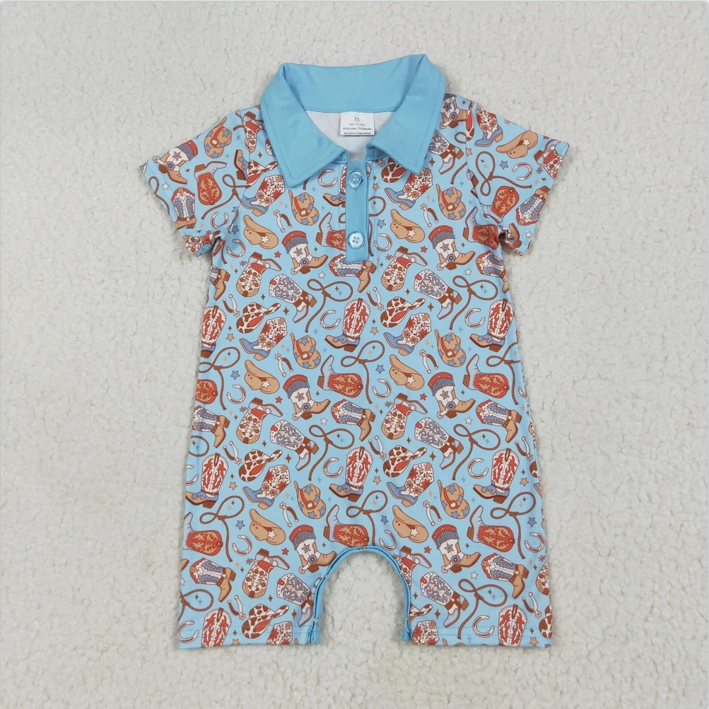 

Blue Short Sleeves Western Boots Hats boutique girls clothing set RTS Summer Jumpsuit baby kid clothes baby boys girls Romper