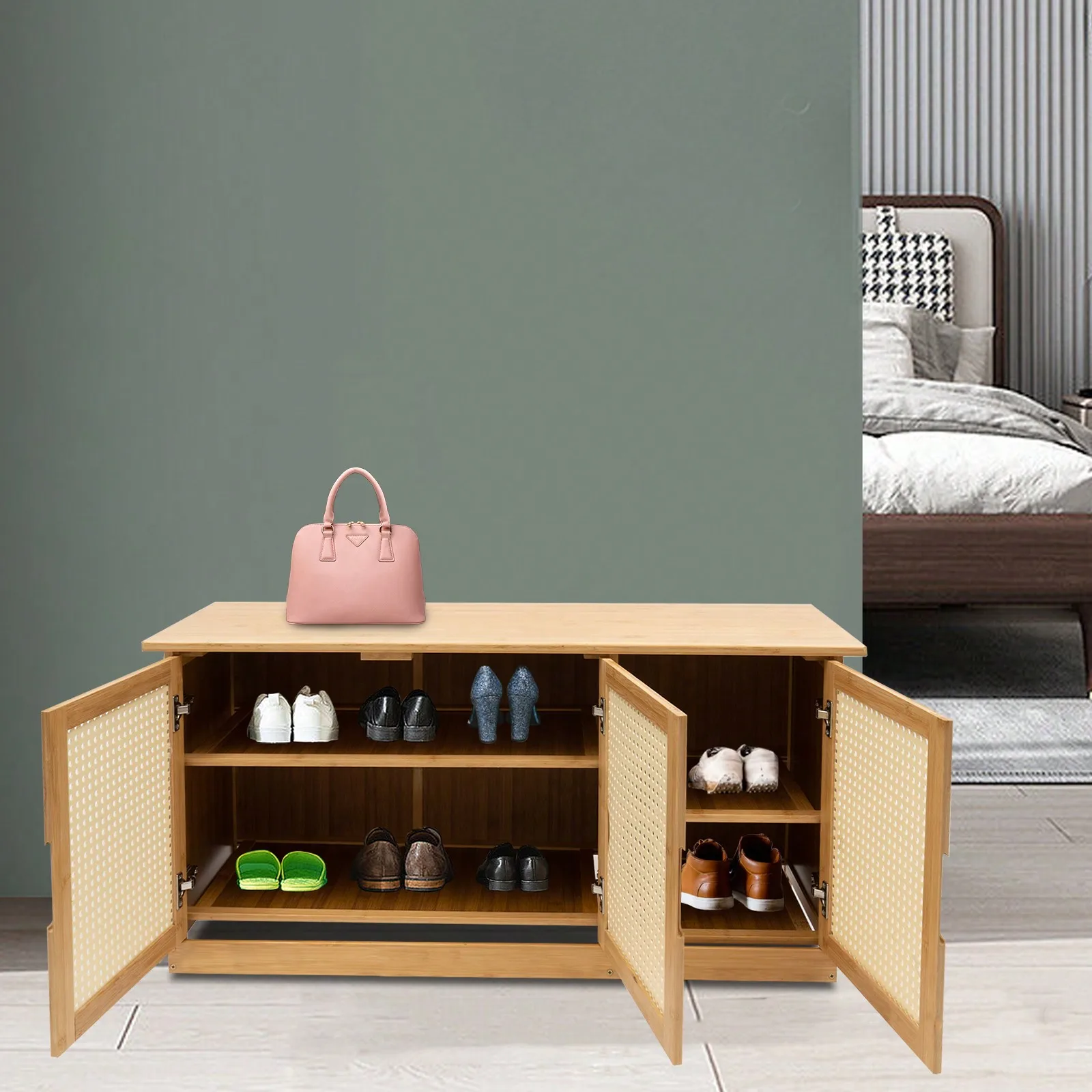 

Modern Bamboo Entryway Shoe Bench With 3-Rattan Doors Ventilated Mesh Design, Adjustable Shelves Durable 220LBS Capacity