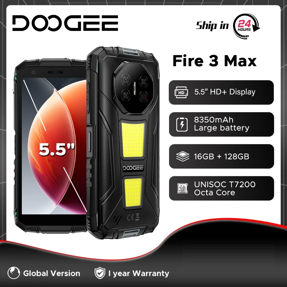 Global Version DOOGEE Fire 3 Max Rugged Phone 32GB 256GB 5.5" HD+ Display Camping lights 8350mAh UNISOC T7250 48MP Android15 NFC