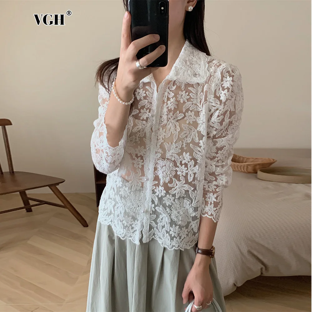 VGH Chi Sheer Mesh Shirt For Women Lapel Long Sleeve Embroidery Patchwork Signle Breasted Temperament Blouses Female Fashion New