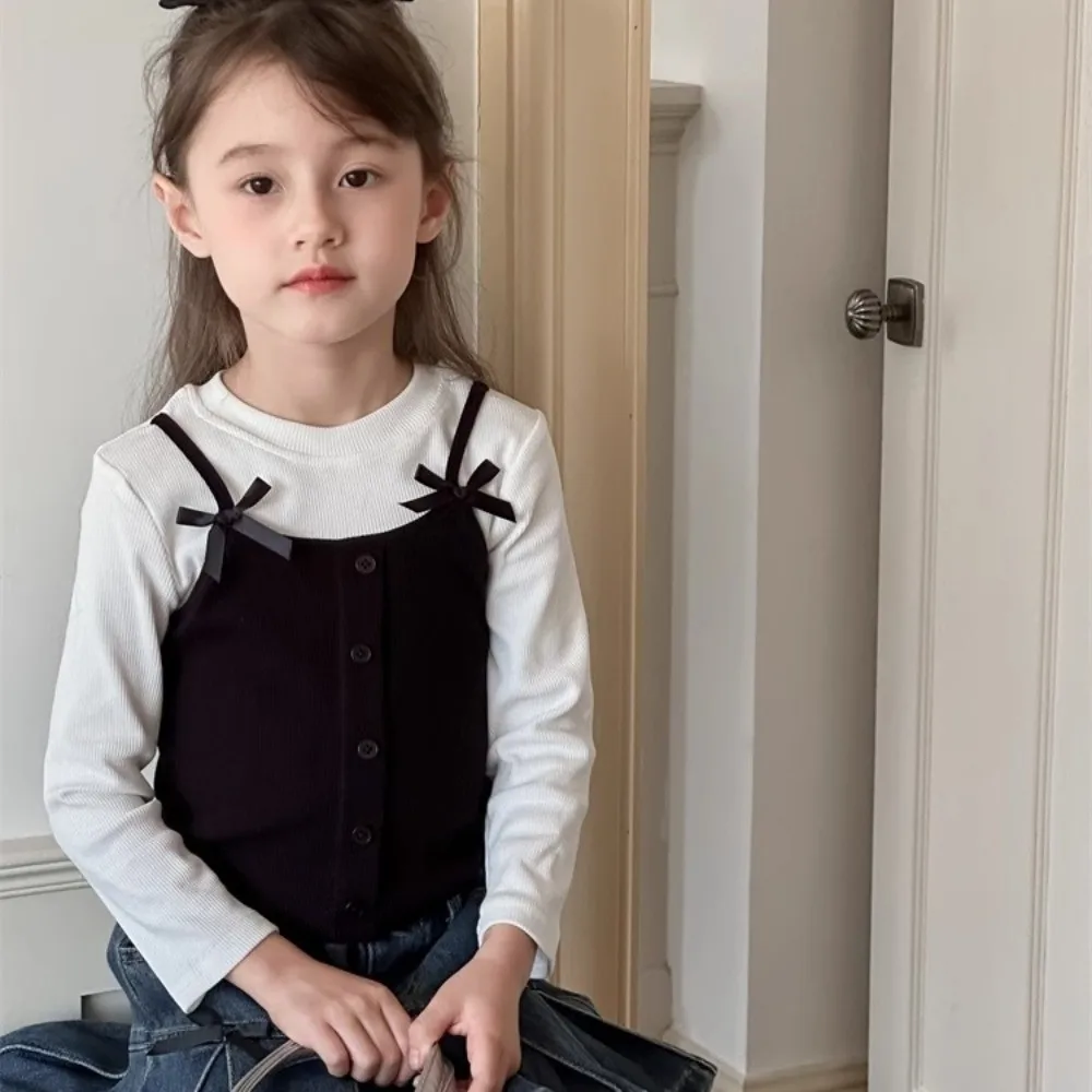 

Soft Korean Style False Two-piece Top Bow Elegant Long Sleeve T-shirt Princess Base Shirt Daily Outfit