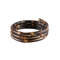 Nilerun Vintage Retro Unique Handmade Three Circles Rings Twisted Stacked Wide Rattan  Black Natural Bamboo Root Bracelet Bangle