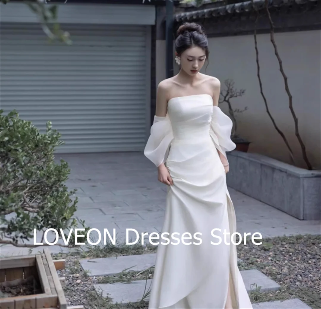 

GIOIO Strapless Wedding Dresses Floor Length 프롬드레스 Korea Sheath Satin Side Slit Pretty Ivory Bride Gowns Party Women Bride