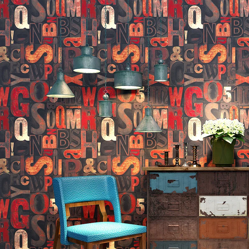 

Vintage industrial style wallpaper PVC nostalgic graffiti English letters personalized non self-adhesive wallpaper