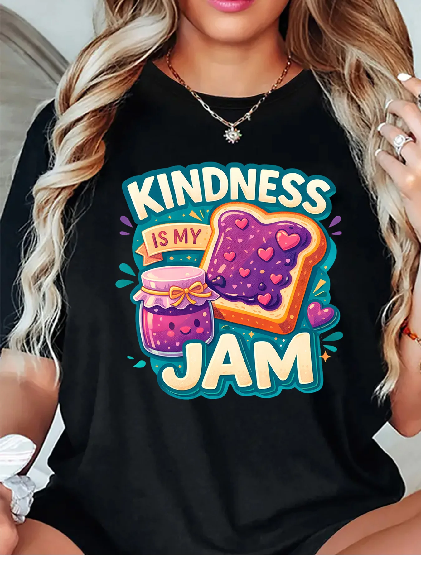 Positive Womens T Shirt Kindness Is My Jam Sweet Toast Jam Jar Lovely Cartoon Slogan Print O Neck Short Sleeve Casual Daily Tops
