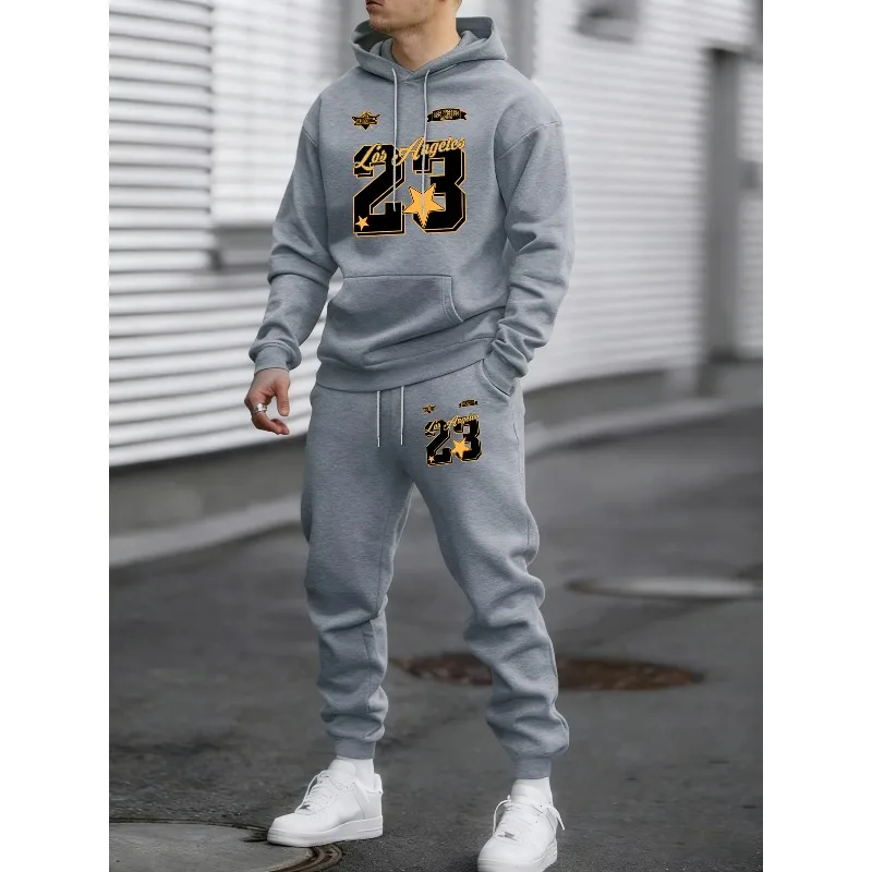 2026 New Arrival No. 23 Printed Autumn and Winter Men's Hooded Sweatshirt and Long Pants Set Jogging Pants