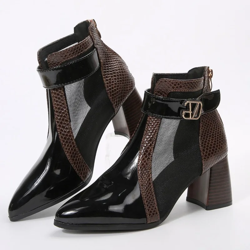

Весенне-осенние женские сетчатые ботильоны на высоком каблуке, новинка 2025 года, модные ботинки с острым носком на блочном каблуке с цветными блоками, модная обувь