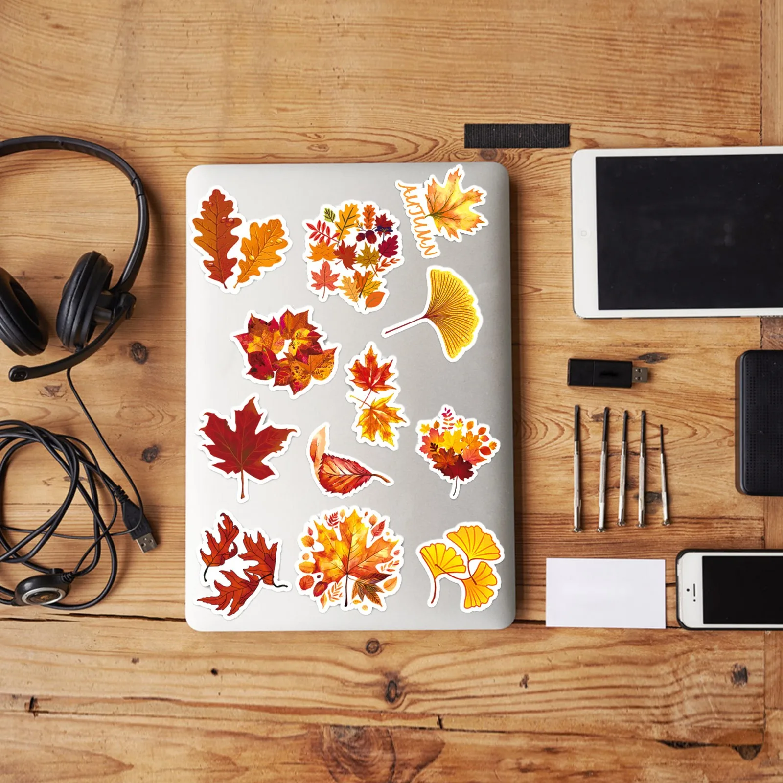 50pc Yellow Leaves Thanksgiving Stickers Autumn Leaves Plant Cartoon Stickers Creative Waterproof Decor Computer Notebook Glue