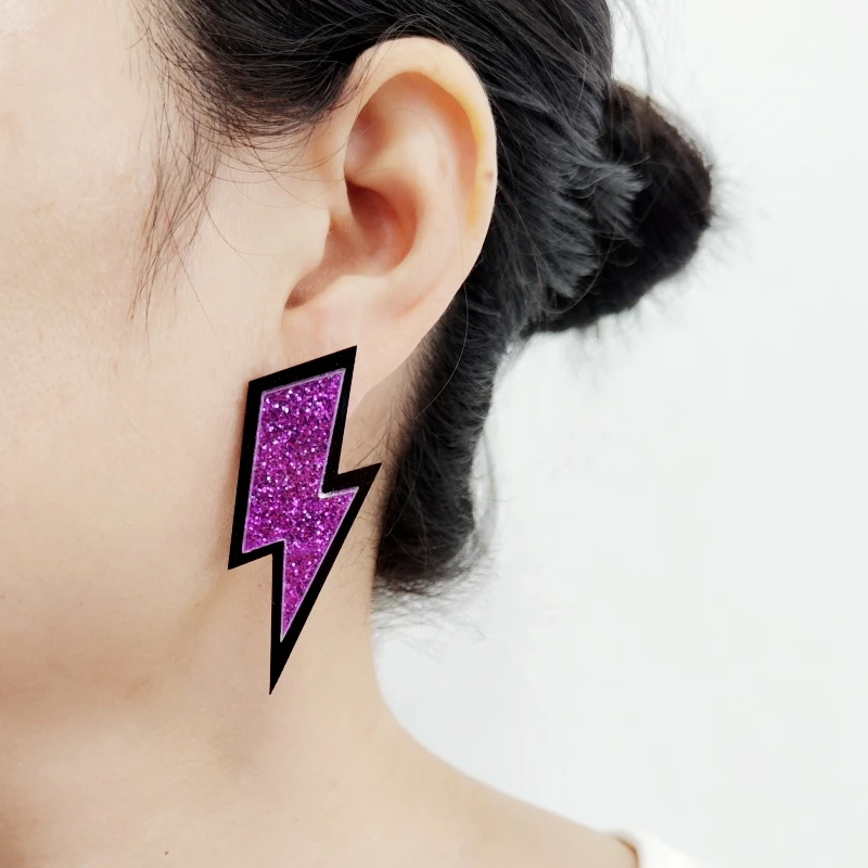 KUGUYS 15 Colors Mirror Glitter Acrylic Lightning Stud Earrings for Women Trendy Geometric HipHop Rock Fashion Accessories