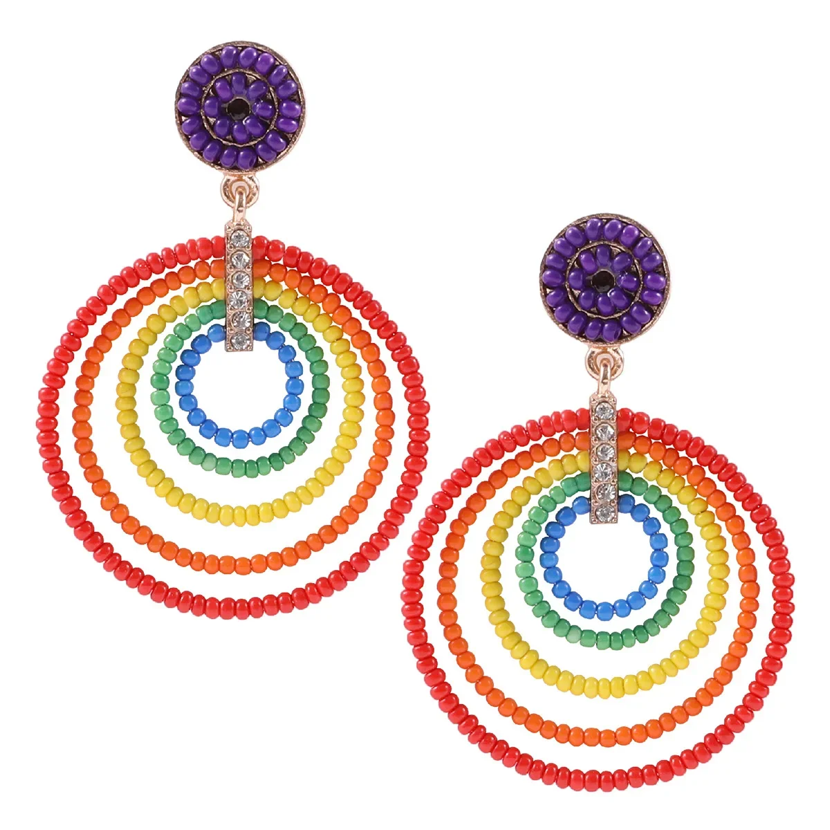 Rice Bead Earrings Large Circles Hand Knitting Rainbow Multi-layer Exaggerated Fashion Bohemian Alloy Female Beaded earrings