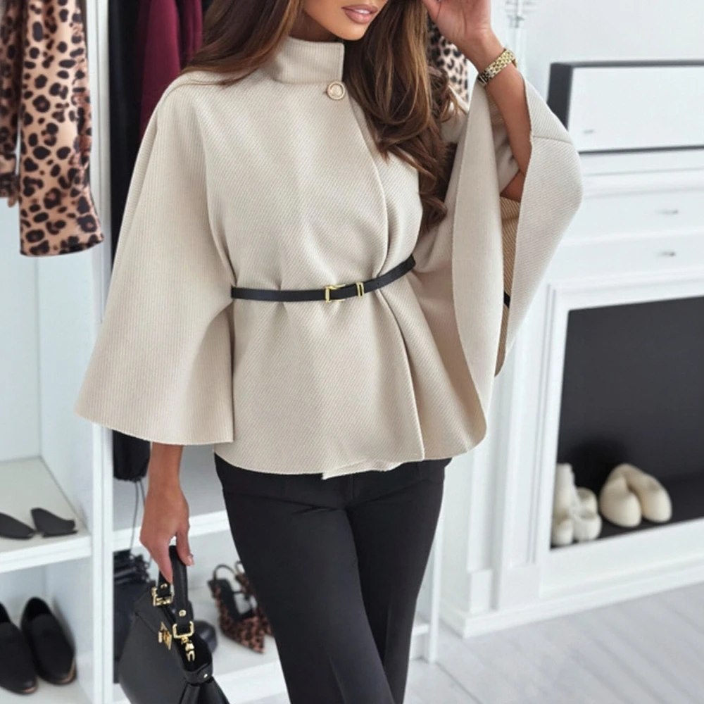 

Женское осенне-зимнее пальто с длинными рукавами «летучая мышь», удобная однотонная повседневная базовая верхняя одежда с воротником-стойкой