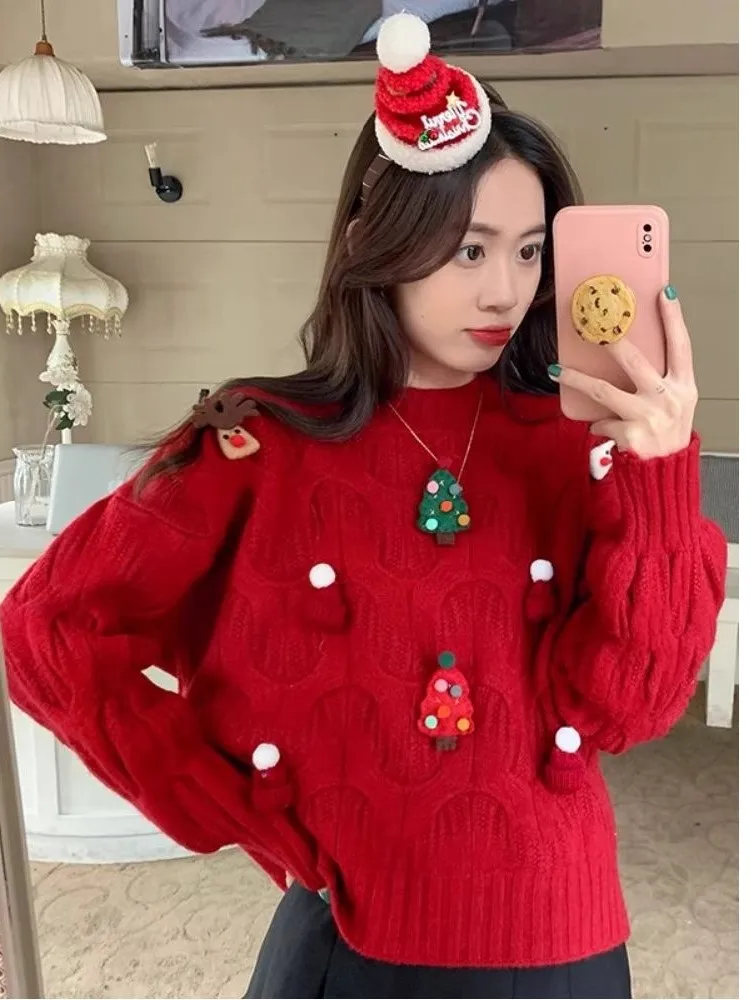 All-match Loose Simple Style Sweater Winter Clothes Woman Pull Femmes Comfortable Casual Commuting Vintage Christmas Solid Color