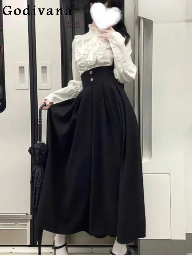 

Spring Japanese Gothic Elegant Stand-up Collar Long Sleeve Shirt Fashion High Waist A-line Age-reducing Black Skirt Women Sets
