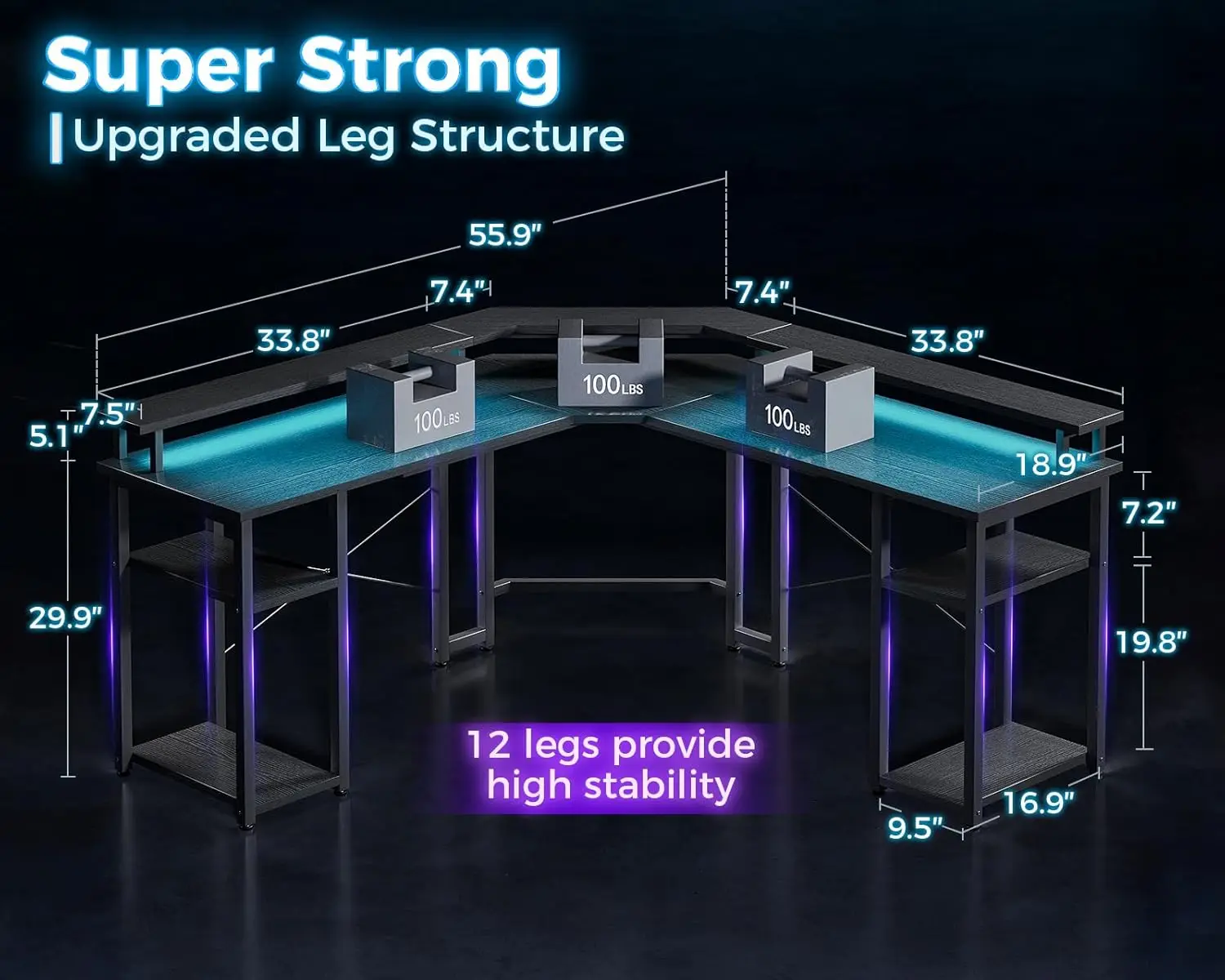 Coleshome L-Vormige Gaming-Desk Met Led-Verlichting En Stopcontacten, Omkeerbare 56-Inch Computerbureau Met Volledige Monitorstandaard En Opslag