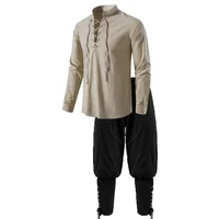 Conjunto de disfraz de caballero Medieval para hombre, camisas de pirata de Cosplay renacentista, pantalones con bandas en el tobillo para Halloween, tela de lino y algodón, 2 uds.