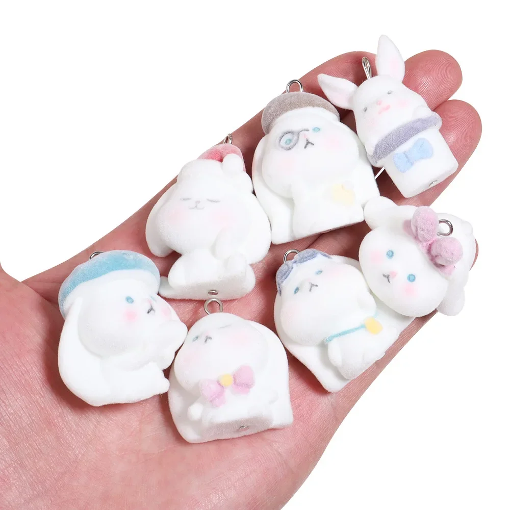 30Pcs 3D Cartoon Flocked Rabbit Charms Cute Animal Resin Pendant  Earring Phone Keychain Accessories for DIY Crafts Jewelry Make