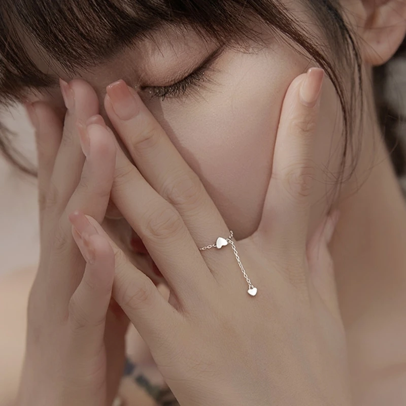 Simple Heart Tassel Adjustable Rings Silver Color Chain Pendant Ring Romantic Circle Rings Women Girls Finger Jewelry