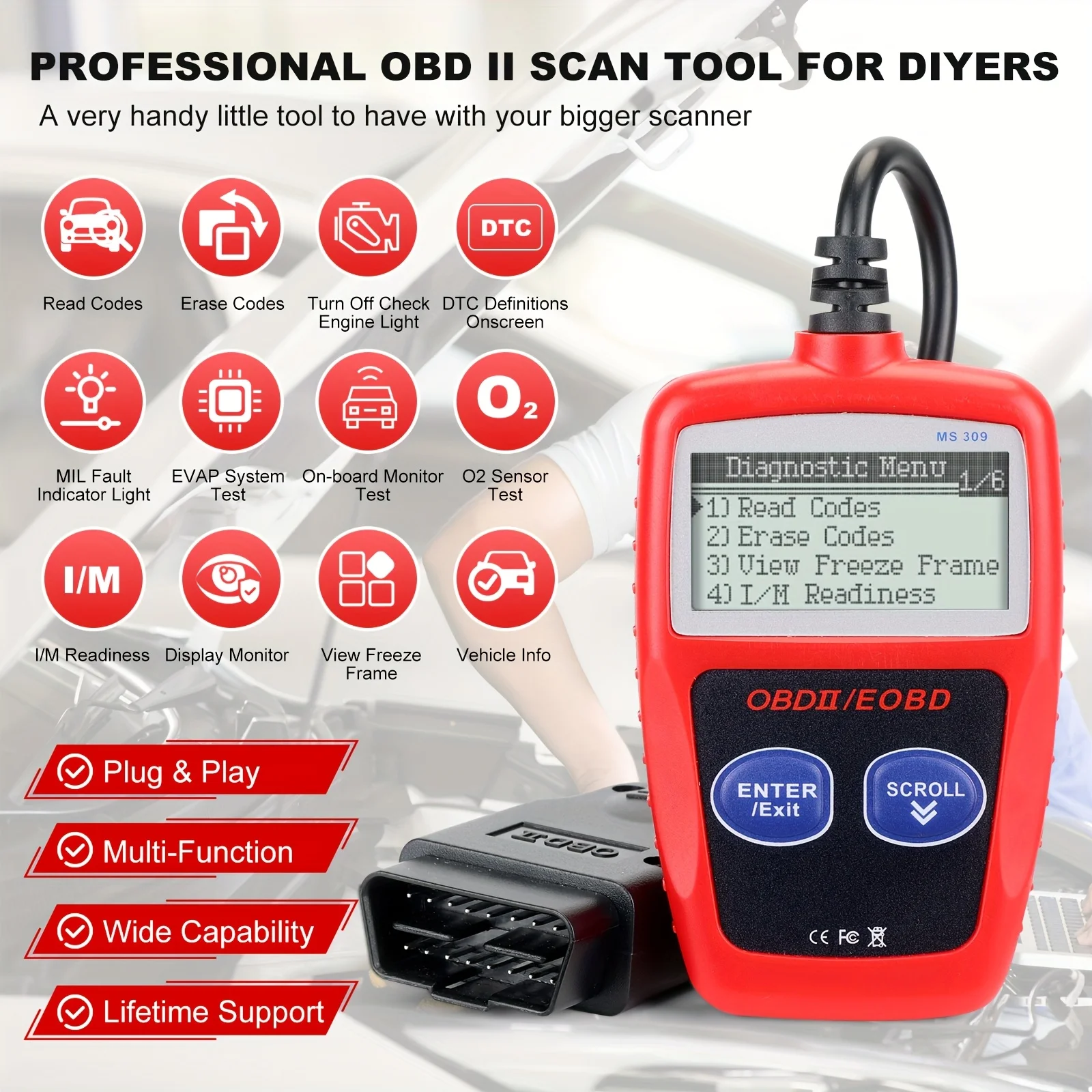 أداة تشخيص السيارة Obd2، قارئ رمز الخطأ Ms309 Obdii Eobd، أداة تشخيص Ecu - مع وظيفة إعادة ضبط ضوء المحرك I/M 24000، بدون بطارية، تصميم مدمج، تشخيص السيارات، أصحاب المركبات، ميكانيكا السيارات
