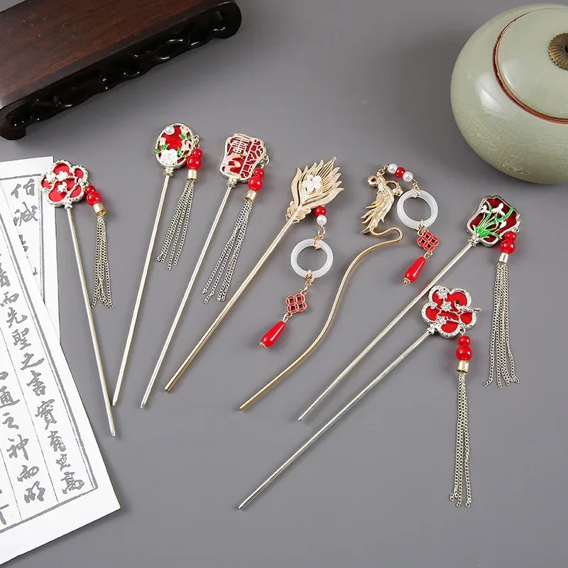 Minimalist Chinese Style Wooden Hairpin Womens New Chinese Style Daily Hairpin Antique Style Hanfu Tassel Step Rocking Headwear