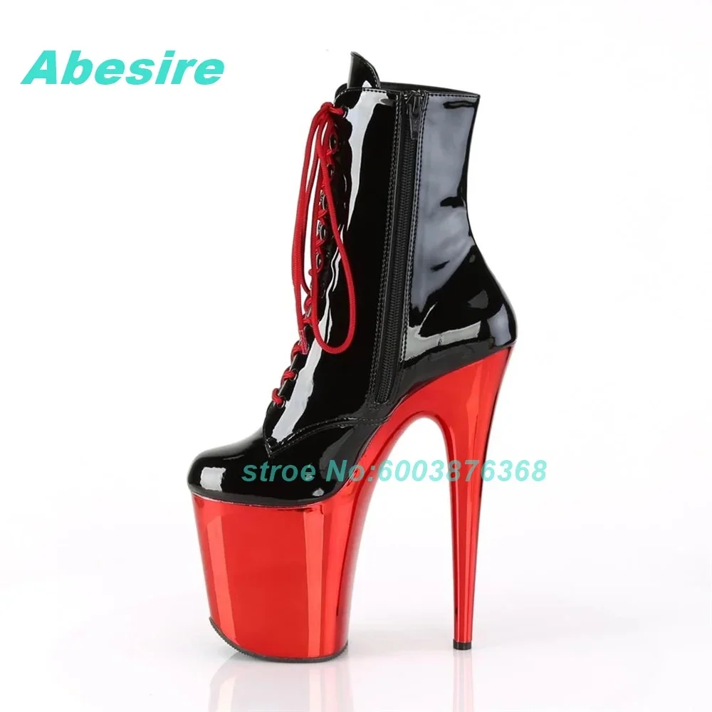 

Zipper Mixed-Colors Platform Cross-Tied Shoes for Women 20Cm/8Inch Heels Patent Leather Ankle Boots Sexy Party Stage Style Shoes