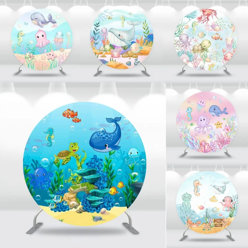 Underwater World Fish Theme Round Backdrop Cover Kids Birthday Banner Baby Shower Decors Octopus Shark Cake Table Plinth Cover