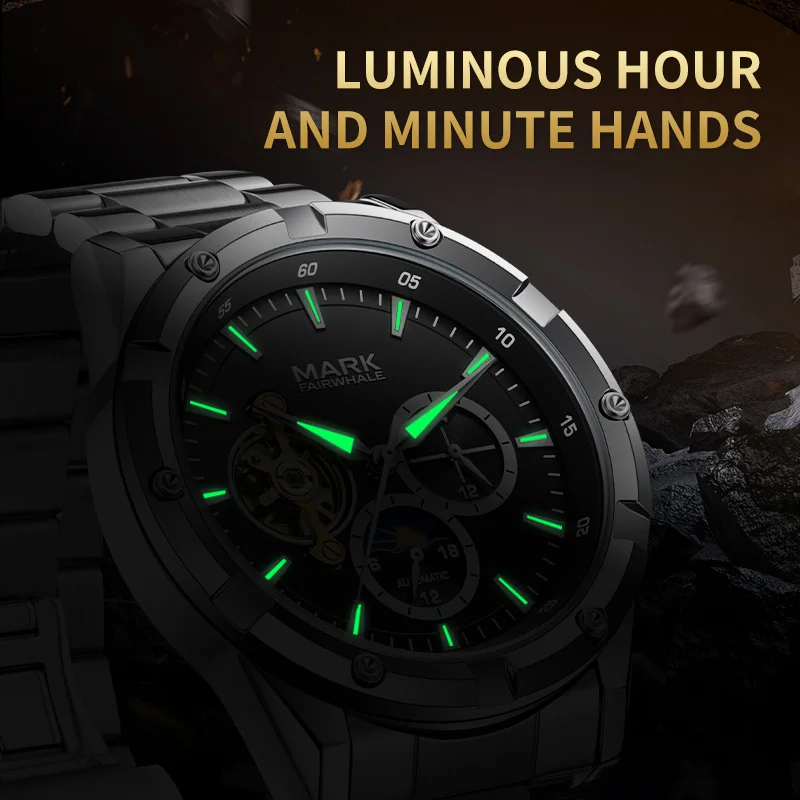 MARK FAIRWHALE 6024 Mens Automatic Watches Luxury Skeleton Flywheel Mechanical Wristwatch Business Man Watch