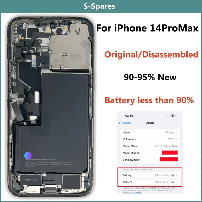 90-95% New Original Disassembled Middle Frame Housing Back Cover For iPhone 14 Pro Max with Battery Rear Camera Assembly