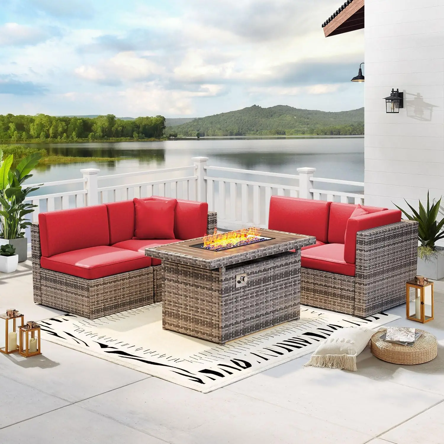 5 PCS Patio Furniture Set with 40" Fire Pit Table Outdoor Wicker Rattan Sectional Sofa Set, People in Small Size