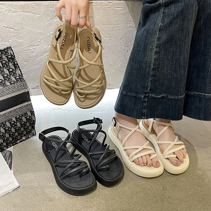 Sandalias de estilo francés a la moda con puntera redonda para mujer, tacón grueso, suela plana, informales, sin cordones, zapatos de verano, estilo dulce.