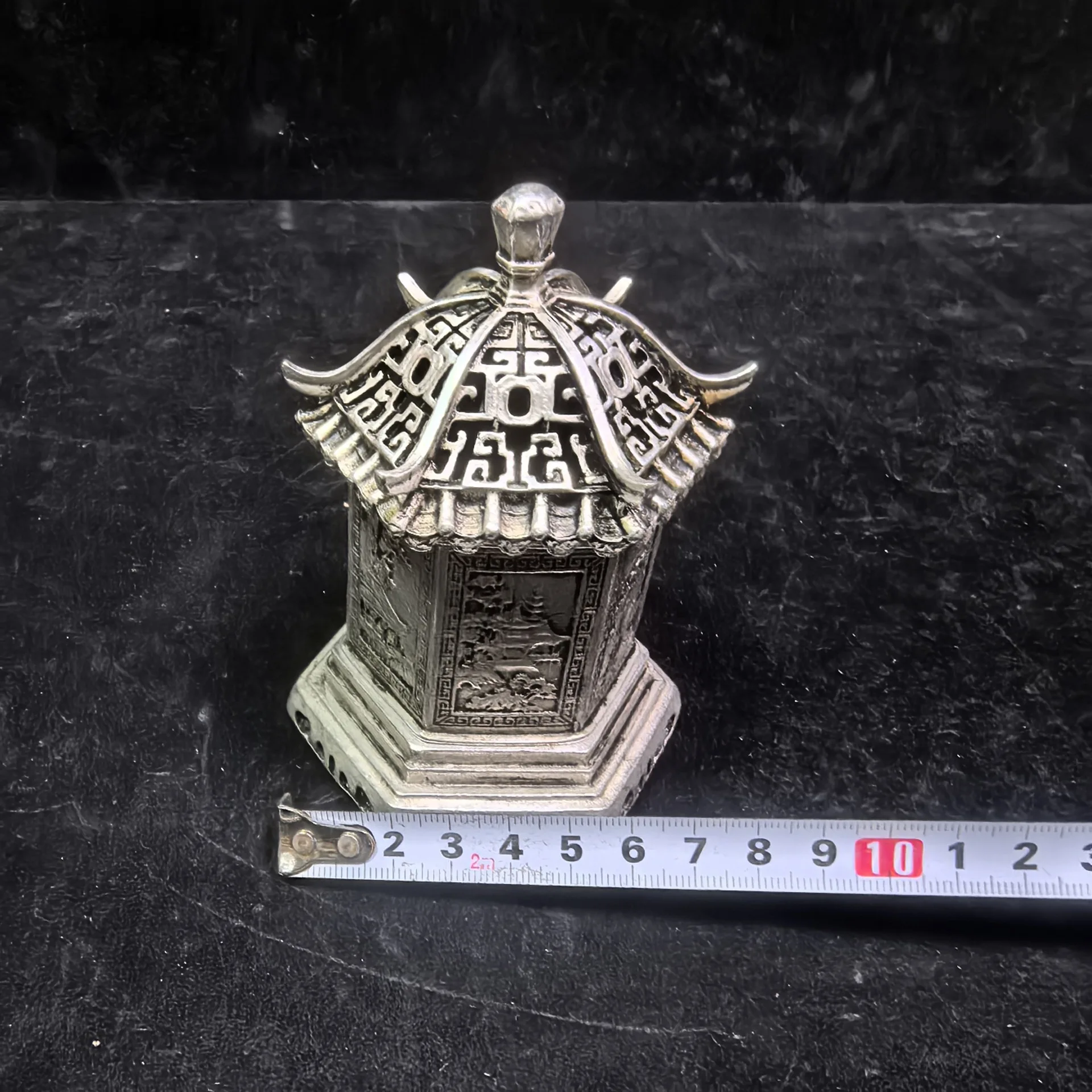Craft antique incense burner hollow hexagonal pavilion retro incense burner craft decoration bronze ornaments