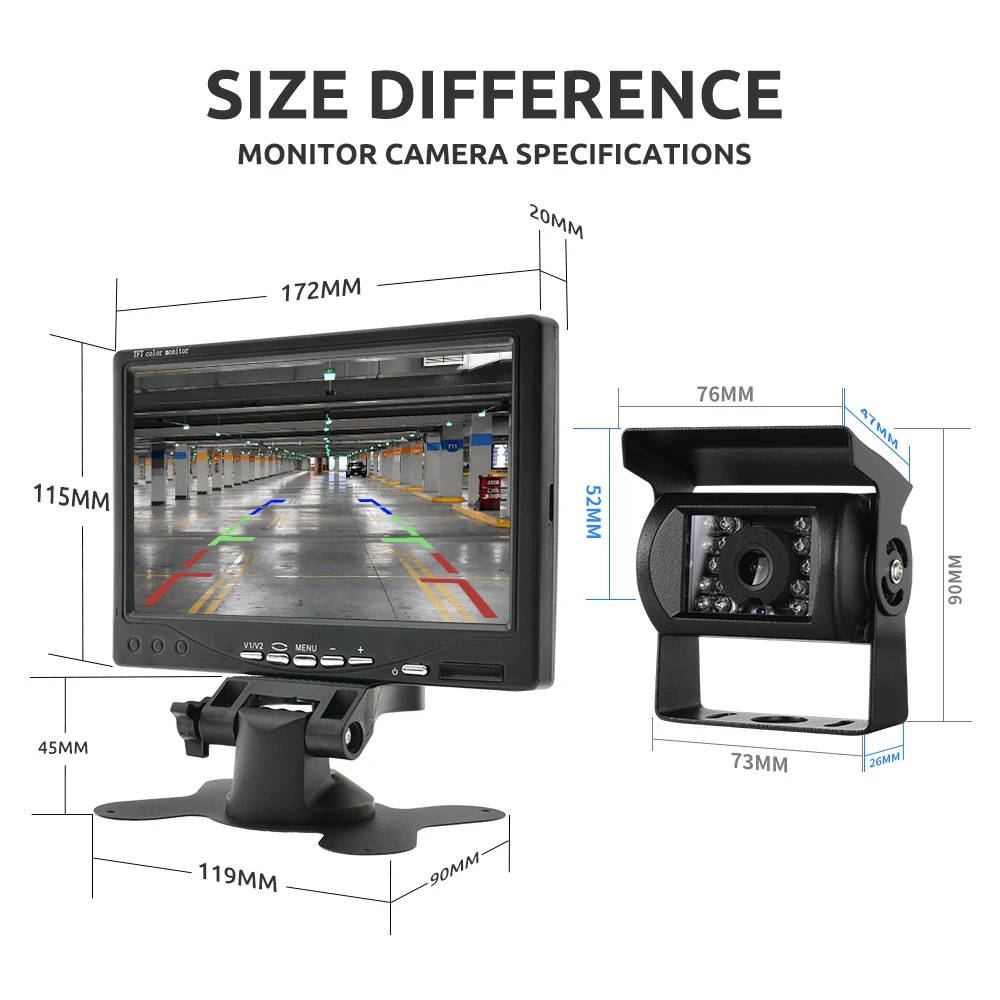 Monitor tylna kamera samochodowa MJDOUD 7 Cal do samochodu ciężarowego 9-36V kamera cofania HD z ekranem 1024*600 uniwersalny