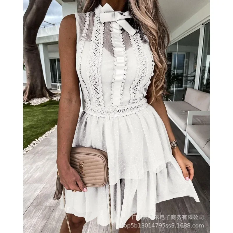 Elegante 2025 sem mangas o pescoço arco malha espartilho em camadas plissado mini vestido sexy feminino renda cortar vestido de festa à noite