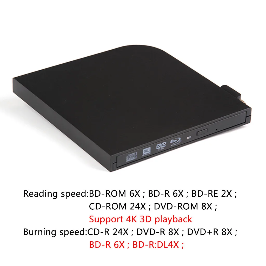 USB 3.0 4K Bluray External Optical Drive 3D Player BD-RE Burner Recorder DVD+/-RW/RAM Drives for Computer Windows7/8/10