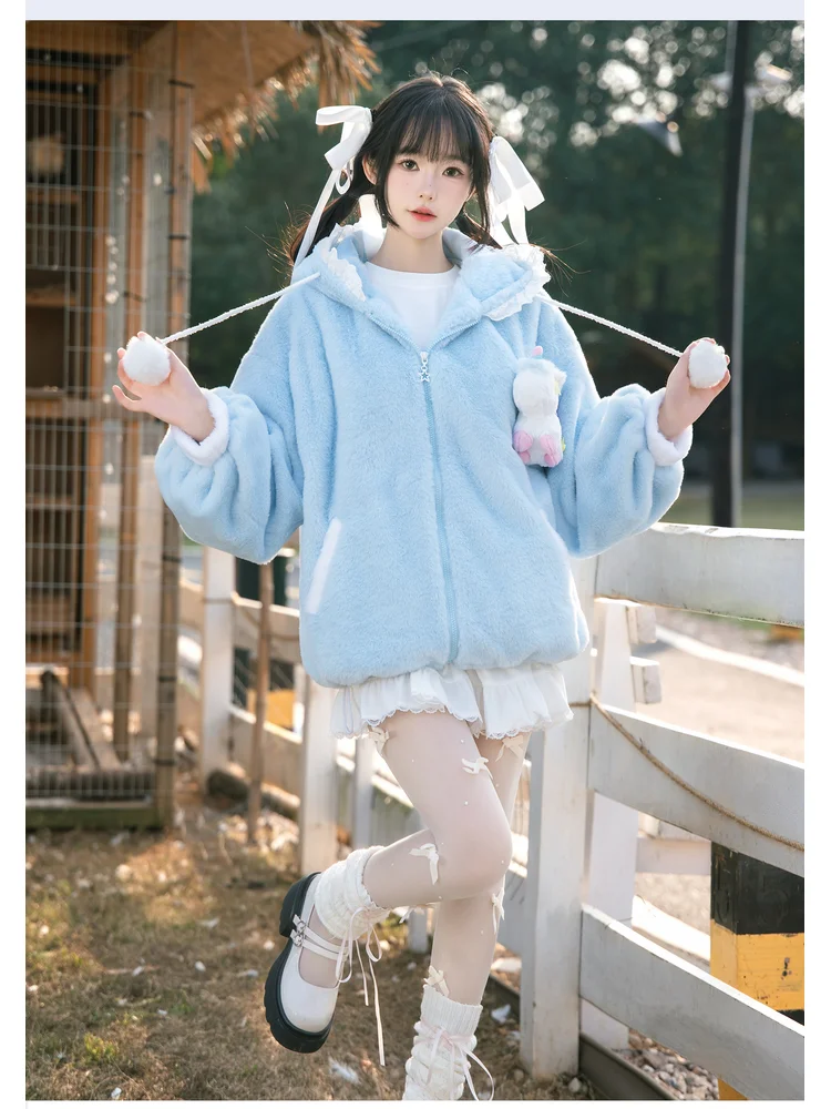 Original Lolita Girl Plush Coat Sweet Beauty Winter Hoodie Thickened Warm Women's Top Windproof 2025 New Style
