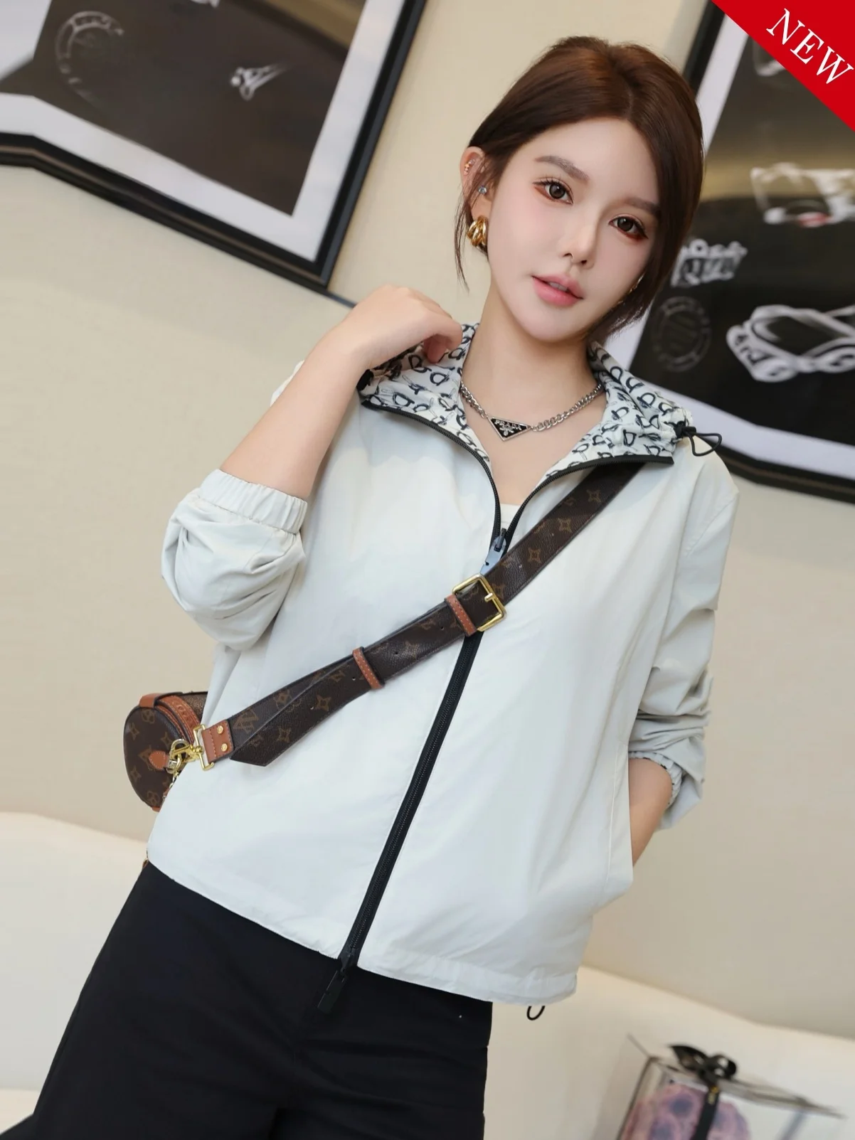 

Spring Autumn New Sle Versatile Ladies Thin Coat Double Sided Wear Hat Faionable Striped ort Outerwear Polyester Fiber