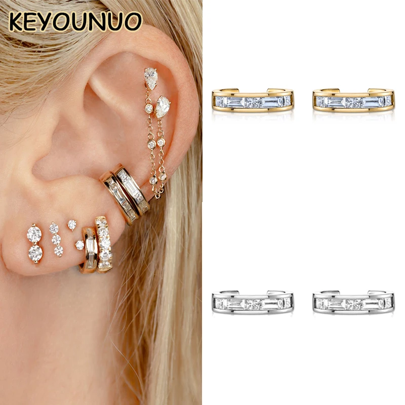 KEYOUNUO Gold Silver Filled Zircon Princess Baguette Ear Cuffs Earrings For Women Fake Piercing Clip Earring Jewelry Wholesale