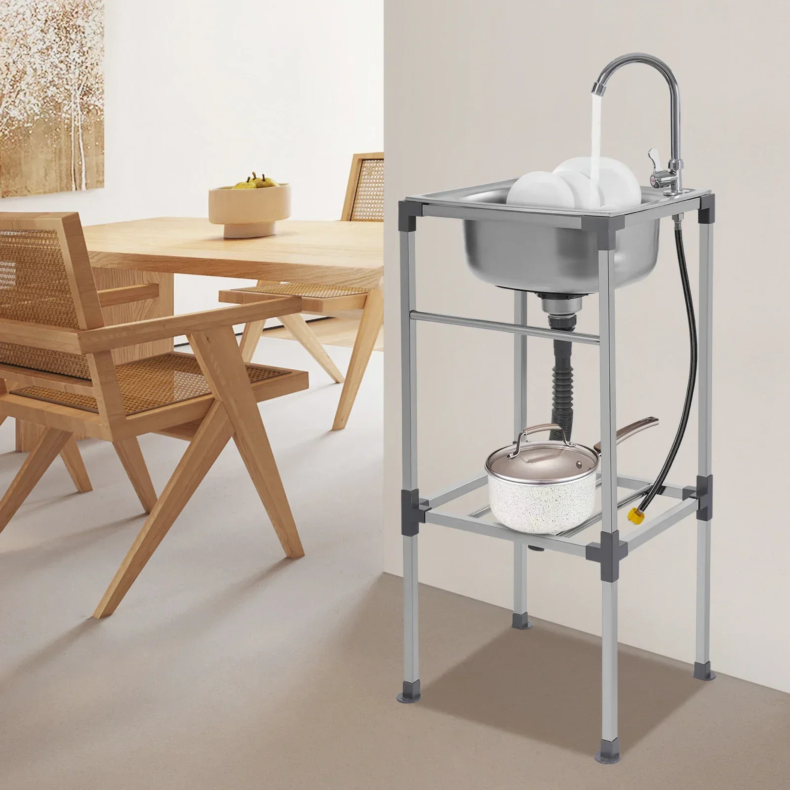 Fregadero de cocina plateado, fregadero independiente de acero inoxidable, fácil de limpiar, fregadero de instalación simple de alta estabilidad
