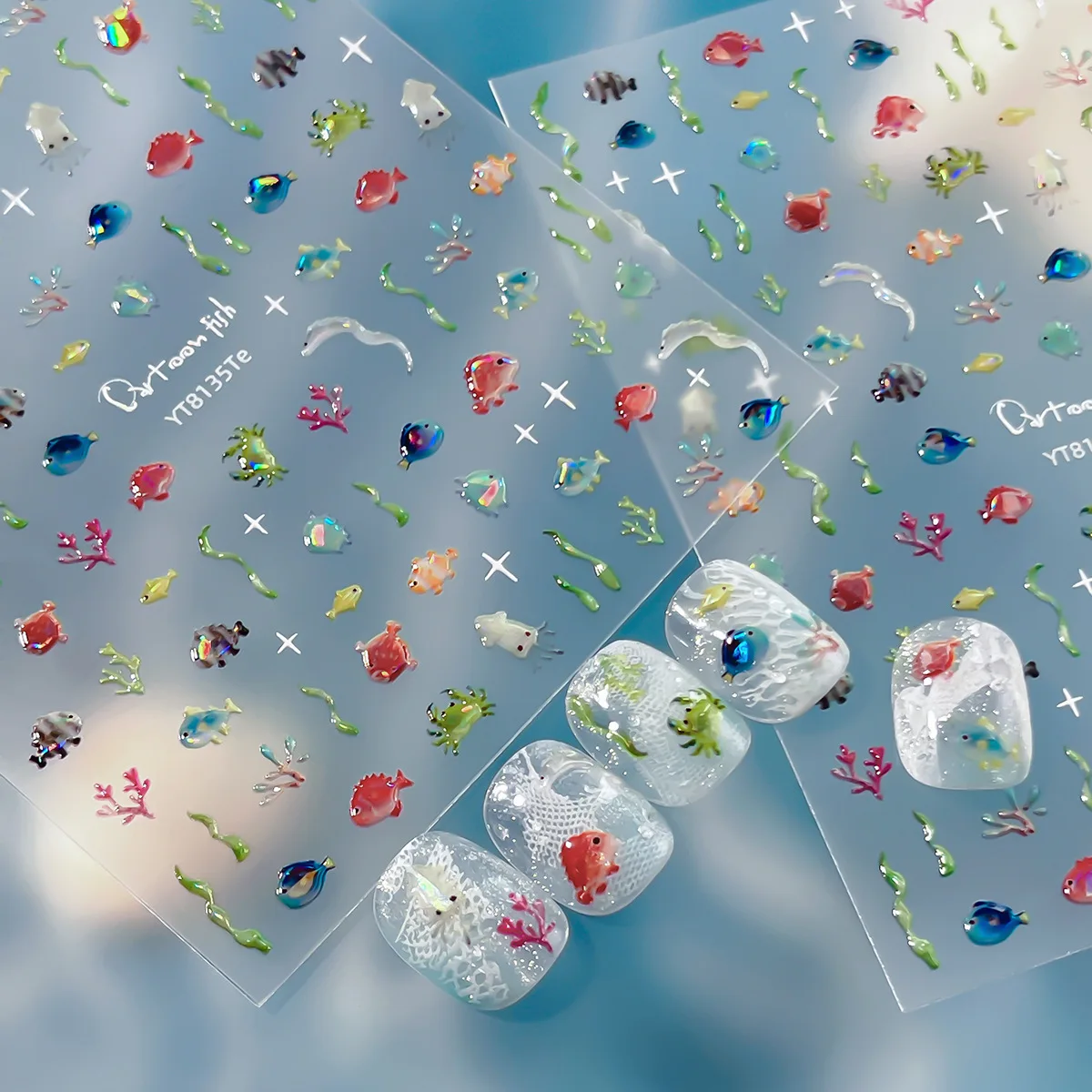 Summer Colorful Ocean Nail Sticker Cute Fish Seaweed Self Adhesive Nail Art Sticker Decorations Parts Press On Nails DIY Decals