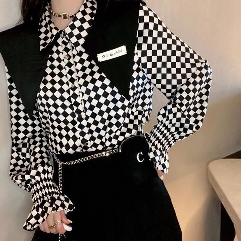 Spring Autumn Casual Fashion Vintage Plaid Print Elegant Shirt Top Women Long Sleeve All-match Button Up Blouse Femme Cardigans