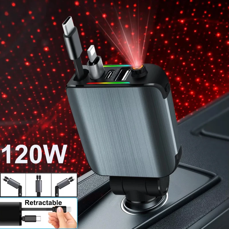 

4 in 1 New Upgraded Retractable Car Charger with Starlight,66W USB C Fast Car Charger Adapter with 2 USB Ports Car Phone Charger