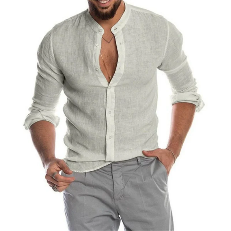 2023 New Men\'s Solid Color Linen Long Sleeve Shirt Stand Collar Cardigan Long Sleeve Loose Men\'s Shirt