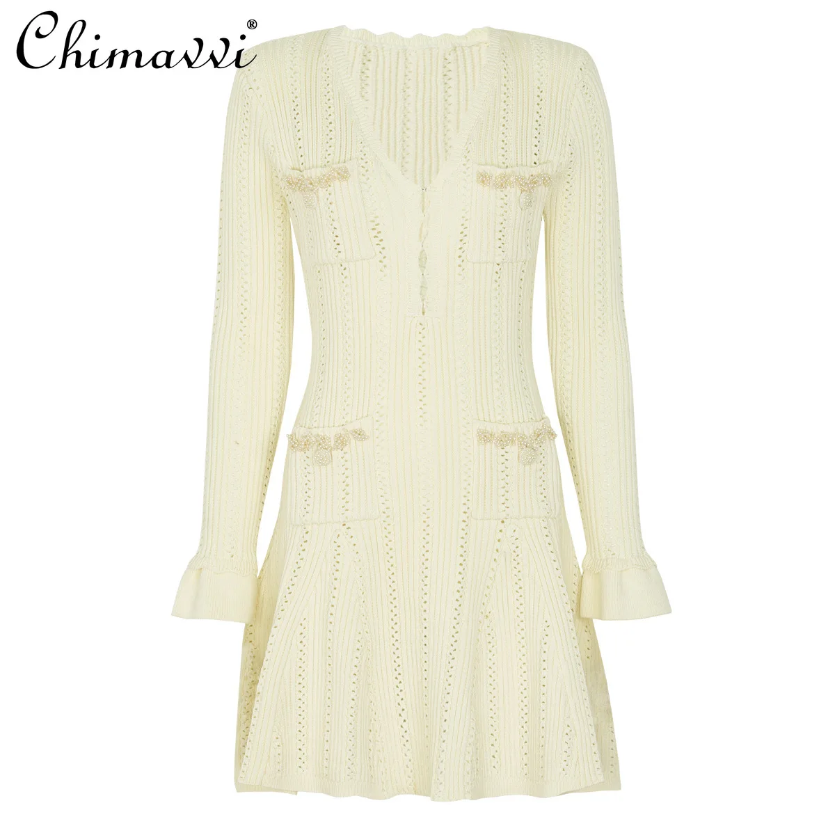 봄 가을 신상 니트 브이넥 허리 조임 숏 드레스 헤비 비즈 장식 롱 슬리브 우아한 파티 드레스 여성용